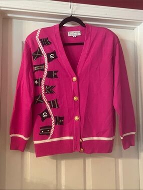 St. John Hot Pink Embellished V-Neck Cardigan with Gold Buttons